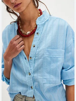NWT We The Free Light Blue Striped Button-Up Shirt thumbnail 1