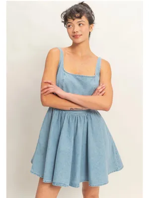 NEW Double Zero Scoop Neck Denim Mini Dress Large 100% Cotton Size L thumbnail 6