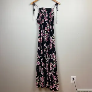 Intimately Free People Garden‎ Party Floral Maxi Dress S Smocked Black Pink Tie thumbnail 6