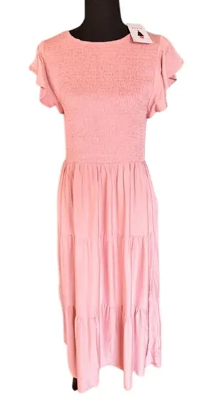 ZESICA Smocked Flutter Sleeve Cottagecore Romantic Midi Dress – Pink – Size L thumbnail 1