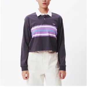 OBEY Riley LS Polo purple cropped oversized striped rugby 100% cotton size XL thumbnail 2