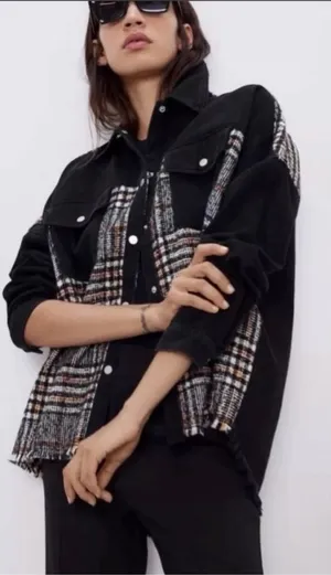 Zara Black and Plaid Jean Jacket thumbnail 1