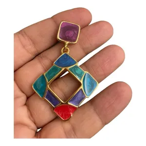 Vibrant Multi Color Resin Gripoix Cabochon Gold Plated Pierced Earrings. thumbnail 5