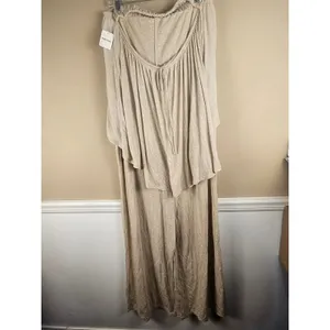 NWT Free People Beach Womens Oatmeal Wide Leg Linen Blend Halter Jumpsuit Large thumbnail 2