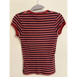 Vintage Y2K Abercrombie & Fitch Lace-Up Striped Baby Tee Rare Medium red blue‎ thumbnail 6