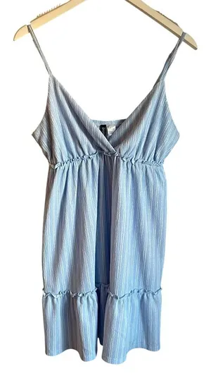 H&M Divided lighht Blue Babydoll Mini Dress size Large Pastel Striped Tiered‎ thumbnail 1