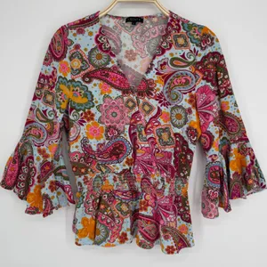 1.STATE Paisley Bell Sleeve Peplum Blouse Large Blue Pink Boho Festival‎ Hippie thumbnail 2
