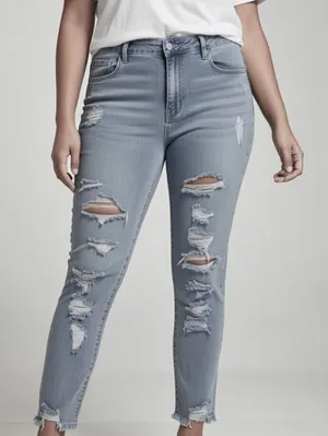 Shein Distressed Jeans Light Blue Denim Hi-rise Waist Sz XL Pe thumbnail 1