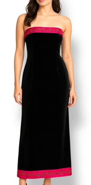 Vintage Dark Romance Velvet Strapless Maxi Dress Black Pink Rose Trim Romantic thumbnail 1