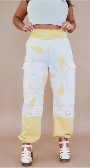 Oli & Hali Jogger Pants Women Small Yellow Patchwork Floral Eyelet Lace MB2170 thumbnail 1
