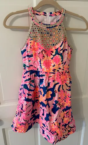 Lilly Pulitzer Girl’s Pink Floral Halter Dress with Embellished Neckline - Sz 10 thumbnail 1