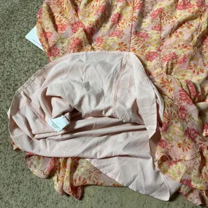 Here Comes The Sun Floral Mini Dress Women L Pink Long Bell Sleeve Ruched Ruffle thumbnail 6