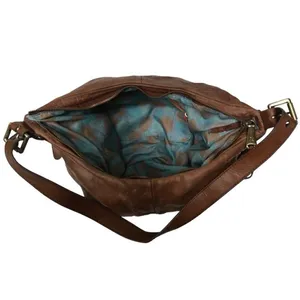 Hobo‎ International Brand Camel Leather Shoulder Bag with Blue Floral Liner thumbnail 7