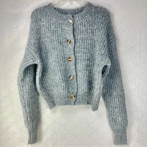 SHEIN Womens Sz Small Gray Crew Neck Ribbed Knit Button Front Cardigan Sweater thumbnail 1