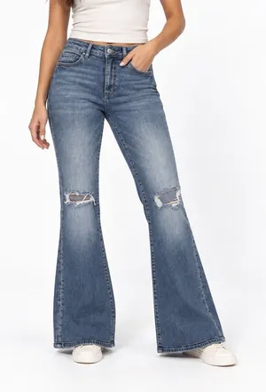 Pilcro The Icon Flare Jeans 29 Medium Blue Denim High Rise Anthropologie Distres thumbnail 1