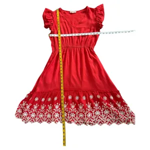 SOLITAIRE Red Summer Dress Women’s Size Medium Boho Eyelet Hem Ruffle Sleeve thumbnail 12
