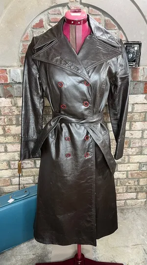 leather trench coat brown double breasted Vintage 1970s sz 7 thumbnail 1