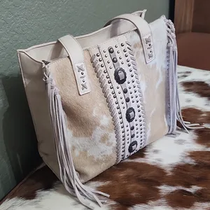 Neutral Cowhide Fringe Satchel Tote - Stylish Everyday Bag thumbnail 3
