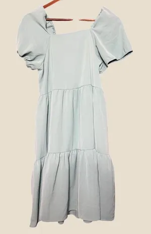 Arshiner Tiered Midi Dress Women NA Sage Green Excellent Puff Sleeve Cotton thumbnail 1