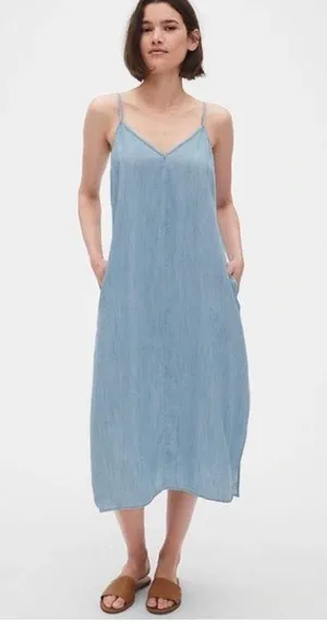 ap Cami Midi Dress in Tencel Denim Style V-Neck Dress Size: Large thumbnail 1