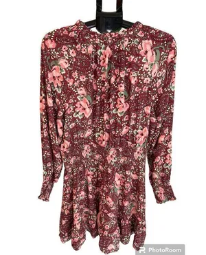 Aerie burgundy floral mini dress, gathered waist & cuffs, size L thumbnail 5