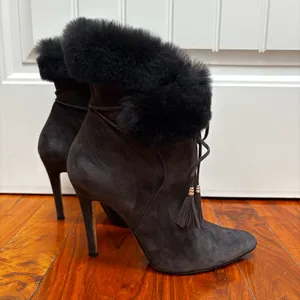 Oscar De La Renta Suede and Real Fur Heeled Ankle Booties Grey 9.5 40 thumbnail 2