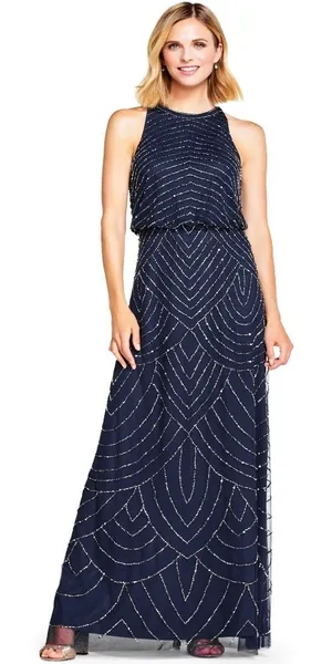 Adrianna Papell Navy Blue Sleeveless Blouson Beaded Cocktail Formal Gown Size 6 thumbnail 1