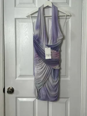 Zara Y2K Mesh Halter Dress Ruched Draped Bodycon Ombre Pastel Cocktail Party Size M thumbnail 2