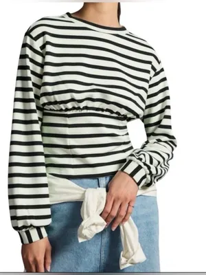 Anthropologie Maeve Striped Cinched Waist Long Sleeve Top M Black White thumbnail 1