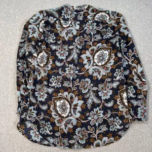 Loft Women's Small Floral Paisley Sheer Tunic Blouse Navy/Brown V-Neck thumbnail 9