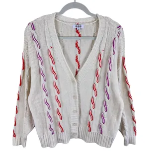 525 America Women Cream Cable Knit Cardigan Red Purple Contrast Stitch Small thumbnail 1