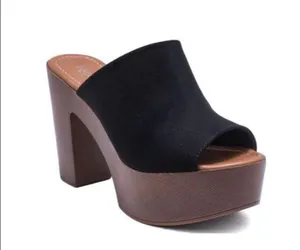 Black Vegan Suede Peep Toe Clog Mule Block Heel thumbnail 1