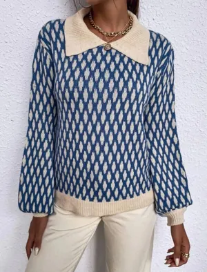 Womens Shein Argyle Print Split Neck Lantern Sleeve Sweater - Sz L thumbnail 1
