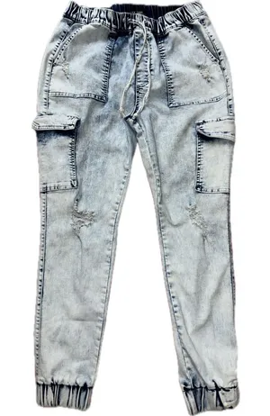 Light Acid Wash Distressed Denim Cargo Joggers Size L thumbnail 1