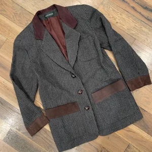 Houndstooth Harve Benard Vintage Leather Trim Blazer Jacket Size Medium thumbnail 2