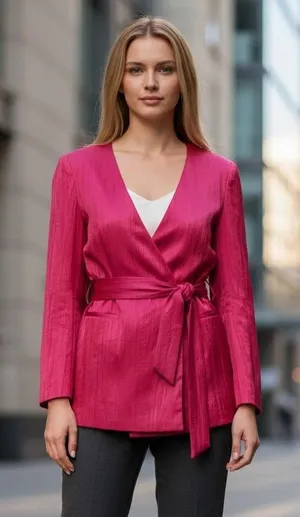 NWT ZARA Women's Blazer Wrinkle Effect Belted fuchsia Hot Pink Large thumbnail 1