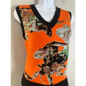 Desigual x Maitrepierre Orange Knit Mantis Gilet V-Neck Sweater Vest Multi Sz S thumbnail 6