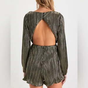 Lulu’s Plisse and Thank You Gold Pleated Long Sleeve Backless Romper thumbnail 3