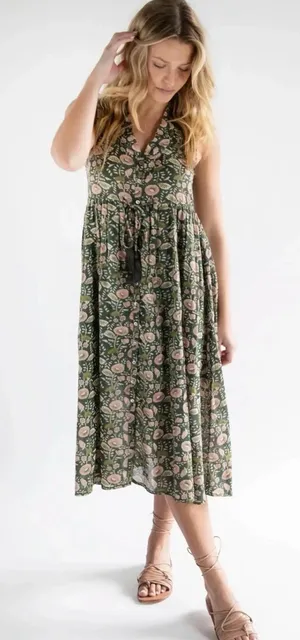 NATURAL LIFE Amelia Cotton Shirt Dress Green Floral Vines Small NWT thumbnail 1