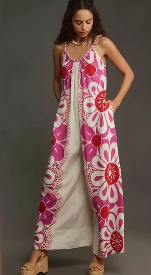 Farm Rio Maia Linen Jumpsuit Bold Floral Fuchsia & Red Size Small thumbnail 1