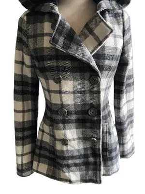 Aeropostale Beautiful black and white plaid hooded pea coat thumbnail 2