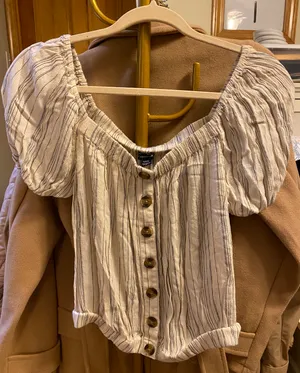 American Eagle Outfitters Ivory White Gray Striped Blouse thumbnail 1