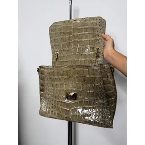 Brahmin Crocodile Embossed Leather Satchel Taupe Olive Top Handle Crossbody Bag thumbnail 6