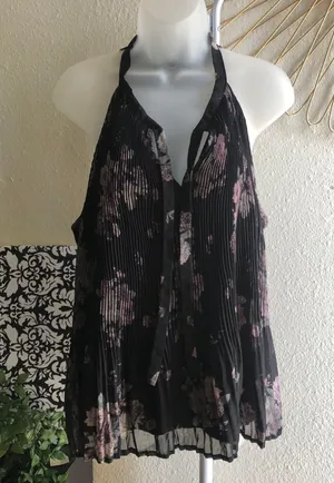 Maurices sleeveless tank cami top blouse floral print with neck tie and frill ends thumbnail 1