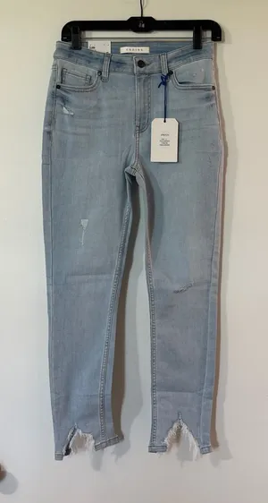 eunina Light Blue Cropped Skinny Jeans with Frayed Split Ankles thumbnail 1