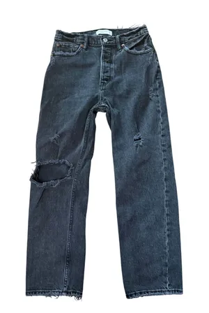 Abercrombie & Fitch The Dad High Rise Distressed Straight Jeans Washed Black 26R thumbnail 1