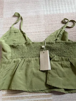 Sim & Sam Green Smocked Back Linen Blend Cropped Cami Tank Top Large NEW thumbnail 5