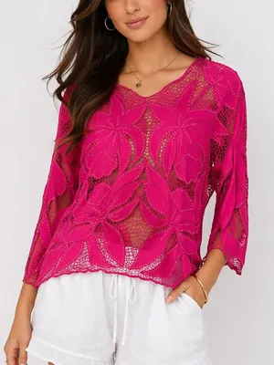 Surya Pink Beaded Sheer Floral Lace Top Boho Y2K Blouse Size L thumbnail 1
