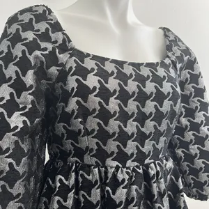 NEW Anthropologie Balloon Sleeves Dress XSMALL DAMASK houndstooth Silver Black thumbnail 5