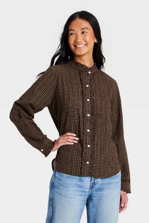 Universal Thread Ruffle Long-Sleeve Button-Up Ruff Collared Neck Blouse thumbnail 1